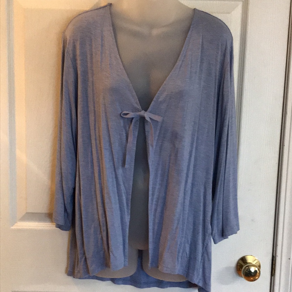 LOGO by Lori Goldstein blue heather cardigan with ribbon tie front. Size L EUC
